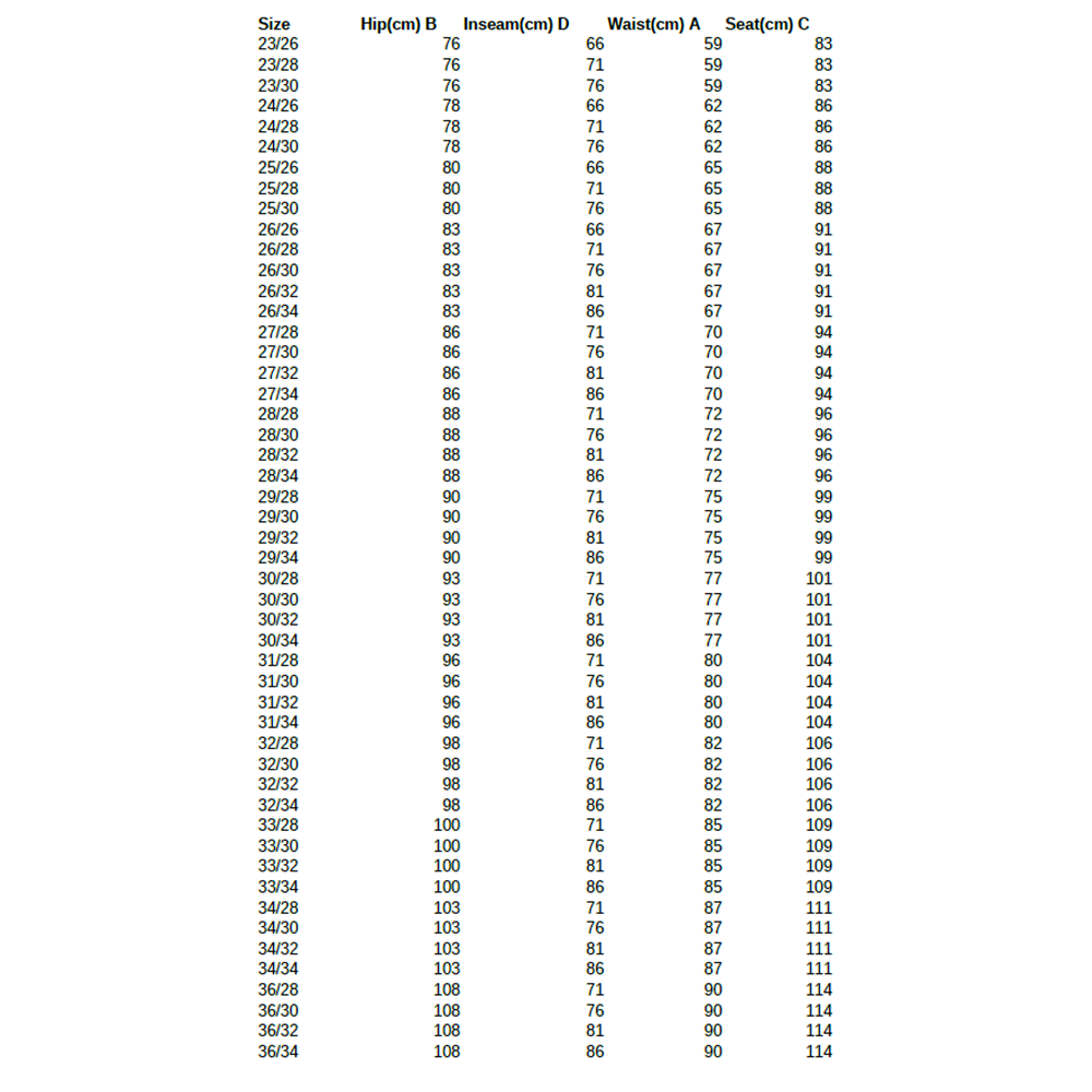 Schnittmusterbogen Baggy Jeans 50 Größen – Größentabelle